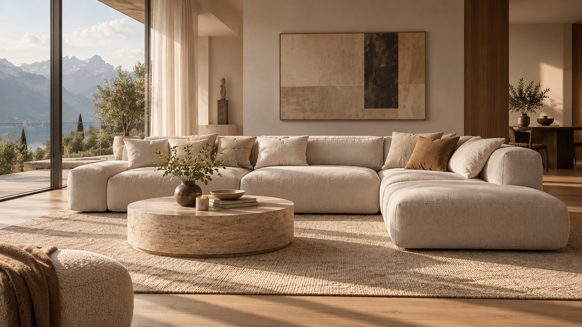 Warm neutral modular sofa in an alpine living room